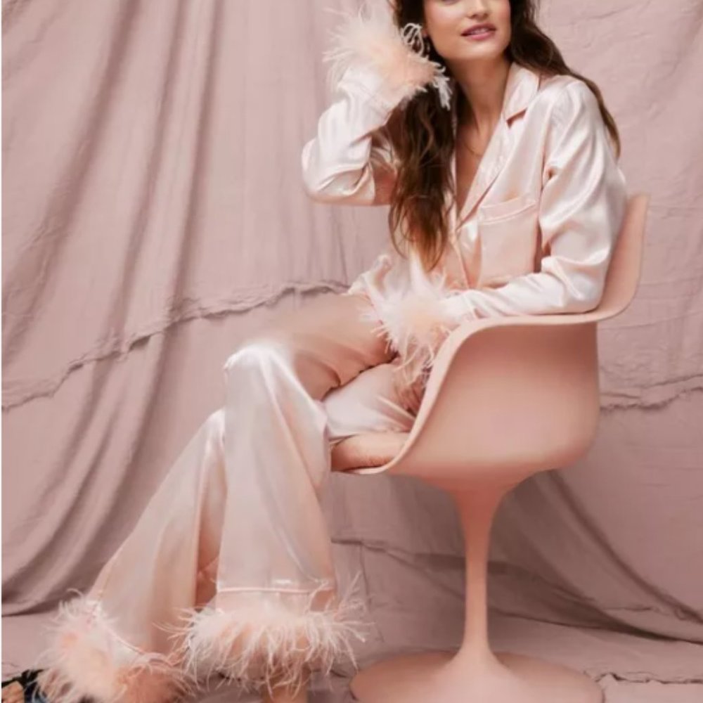 Nasty Gal Satin Feather Pajama Shirt And Pants Set